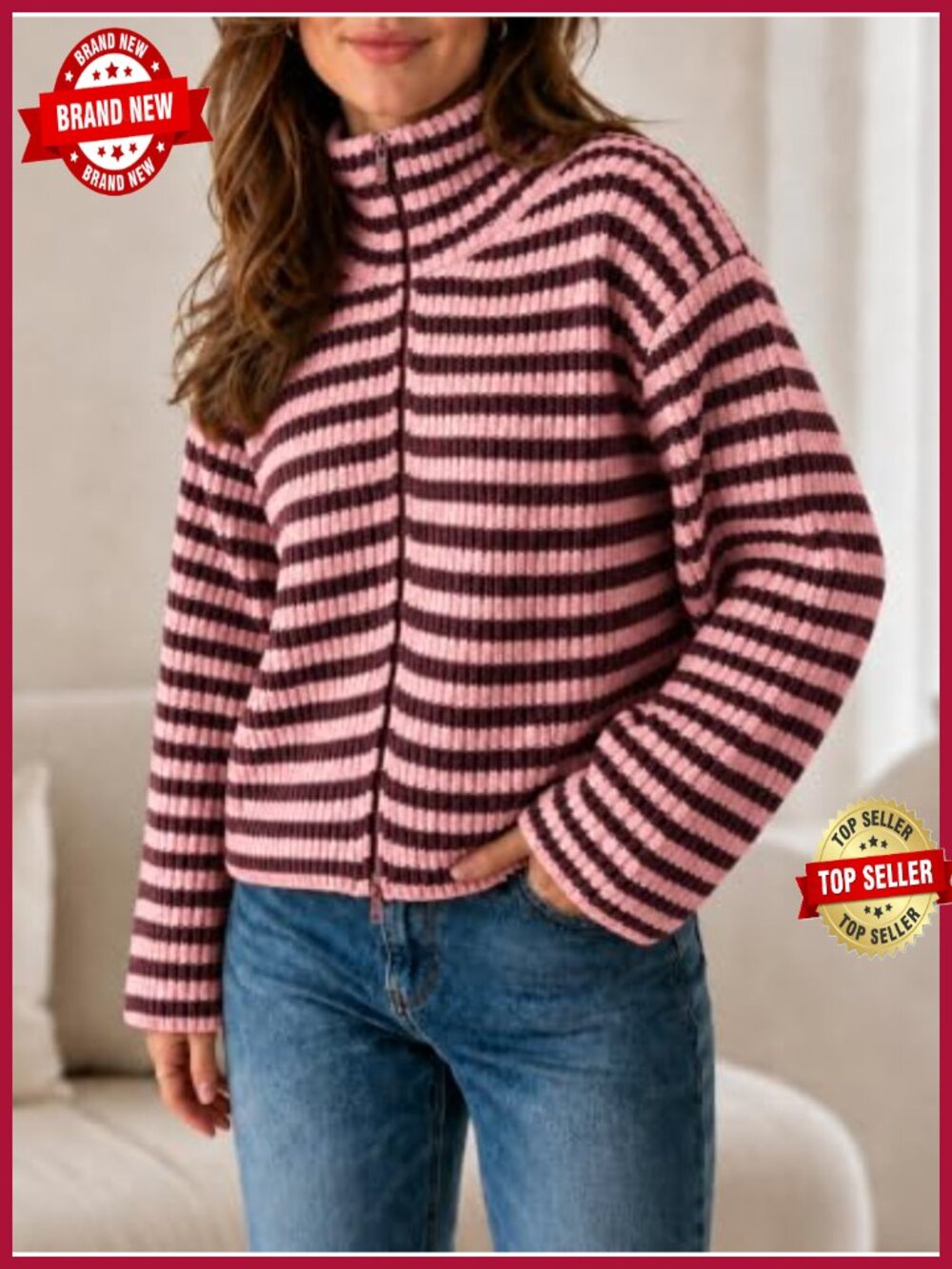 Striped Zip Up Cardigan Women Mock Neck Long Sleeve Loose Fit Knit Sweater - Picture 3 of 6